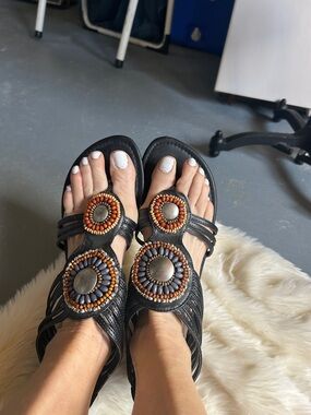 Love Culture Black Beaded Circle-Accent Sandals